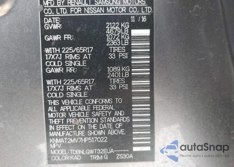 2017 Nissan Rogue Sv из США, поврежденный, VIN KNMAT2MV7HP517022